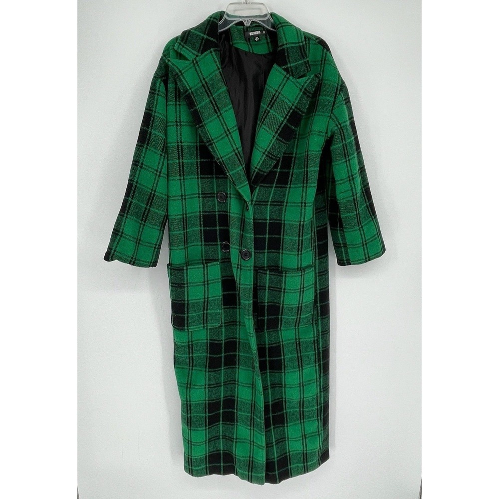 Missguided Women's Green Tartan Plaid Double Breasted Long Trench Coat Size‎ 0